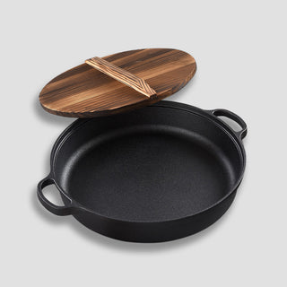 SOGA 33cm Round Cast Iron Pre-seasoned Deep Baking Pizza Frying Pan Skillet with Wooden Lid