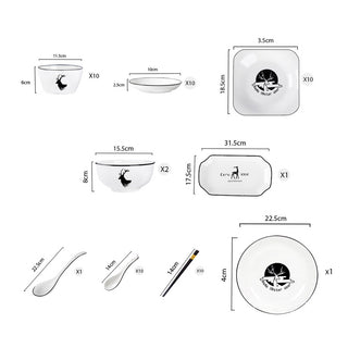 SOGA White Antler Printed Ceramic Dinnerware Set Crockery Soup Bowl Plate Server Kitchen Home Decor Set of 34