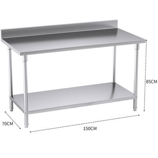 SOGA Commercial Catering Kitchen Stainless Steel Prep Work Bench Table with Back-splash 150*70*85cm