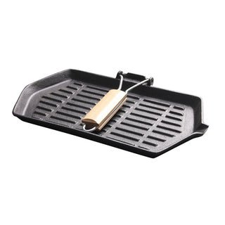 SOGA 2X Rectangular Cast Iron Griddle Grill Frying Pan with Folding Wooden Handle