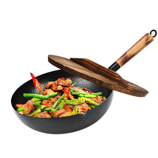 SOGA Commercial Iron Wok with Wooden Handle and Lid 32cm Non-Stick Fry Pan FryPan