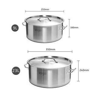 SOGA Stock Pot 9L 23L Top Grade Thick Stainless Steel Stockpot 18/10