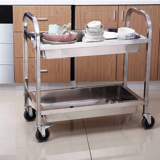 SOGA Stainless Steel Kitchen Trolley Cart 2 Tiers Dining Food Utility 95*50*95 Large