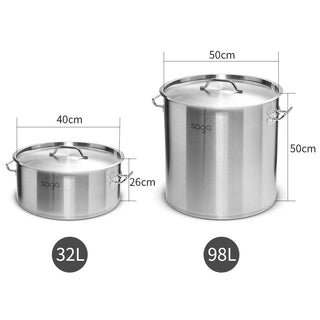 SOGA 32L Wide Stock Pot  and 98L Tall Top Grade Thick Stainless Steel Stockpot 18/10