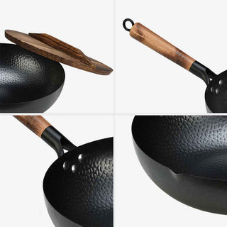 SOGA Commercial Iron Wok with Wooden Handle and Lid 32cm Non-Stick Fry Pan FryPan