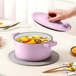 SOGA 2X 26cm Pink Cast Iron Ceramic Stewpot Casserole Stew Cooking Pot With Lid