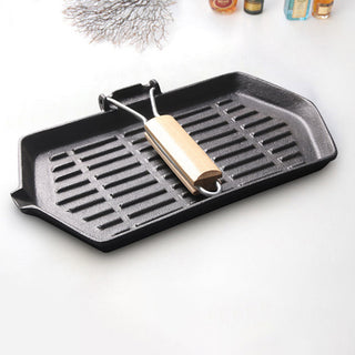 SOGA 2X Rectangular Cast Iron Griddle Grill Frying Pan with Folding Wooden Handle