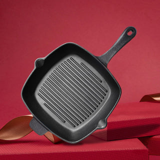 SOGA 26cm Square Ribbed Cast Iron Frying Pan SkilletSteak Sizzle Platter with Handle