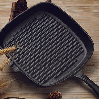 SOGA 23.5cm Square Ribbed Cast Iron Frying Pan Skillet Steak Sizzle Platter with Handle