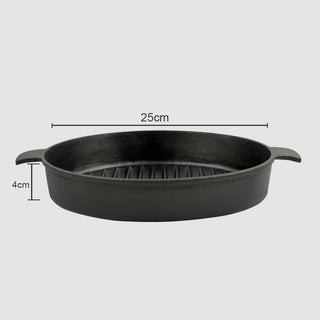 SOGA 25cm Round Ribbed Cast Iron Frying Pan Skillet Steak Sizzle Platter with Handle